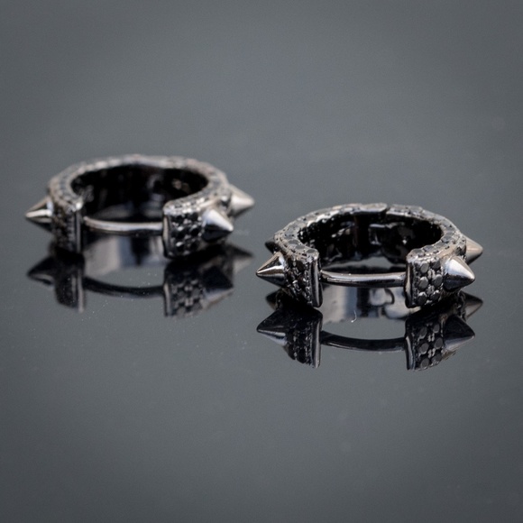 Black Onyx Plated Mini Thorn Spiked Men's Iced Cz Huggie Hoop Earrings - Picture 4 of 5